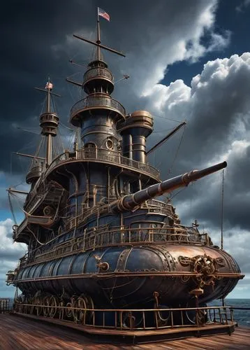 Steam punk battle ship, massive iron hull, intricate copper pipes, billowing smoke stacks, majestic propellers, worn wooden decks, rusty anchor chains, vintage navigation instruments, ornate bronze ca