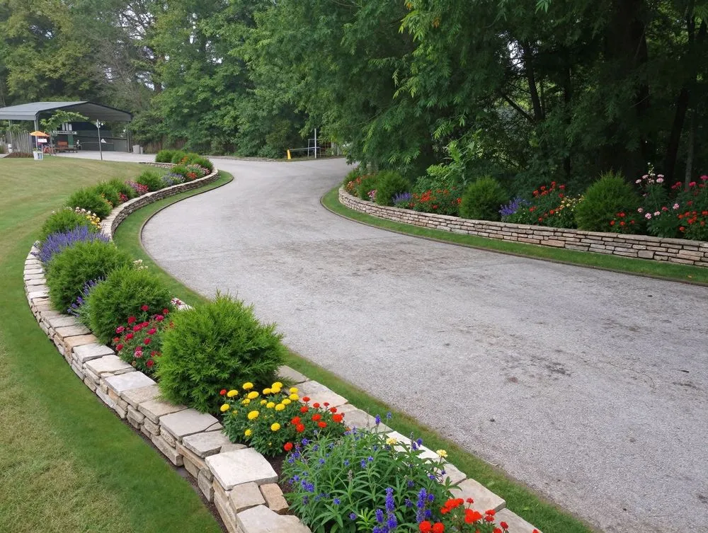 a curved driveway with flowers growing on it