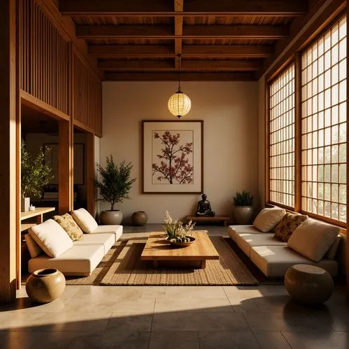 Warm golden lanterns, rich wood accents, soft silk fabrics, intricately carved wooden panels, serene Buddha statues, natural stone floors, subtle cherry blossom patterns, earthy terracotta vases, gent
