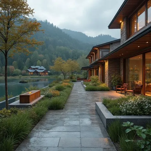Rolling hills, serene lakeside, lush greenery, vibrant wildflowers, meandering walkways, rustic wooden benches, natural stone retaining walls, harmonious landscape integration, modern architecture ble