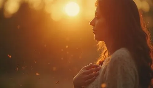 Slow motion shot of a woman placing her hand on her heart in gratitude, sunlight behind her. Warm tone, shallow DOF.,an asian woman blowing the seeds off a dandelion at sunset,praying woman,woman pray