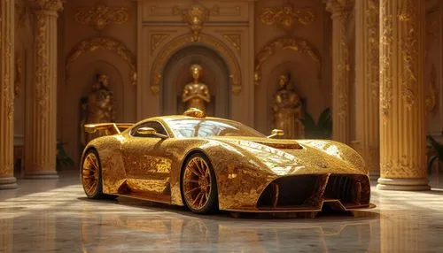Golden luxury sports car in a majestic hall with intricate architecture.,a gold colored sports car is displayed at a museum,gold paint stroke,gold wall,gold plated,gilded,gold lacquer,gold leaf,gold c