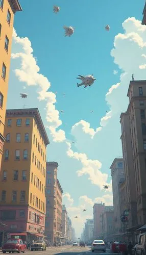 a photorealistic 3d illustration of future bright urban life by Hergé and Moebius. Flying objects going in the urban sky

,a painting of airplanes flying in the sky above city buildings,zeppelins,airs