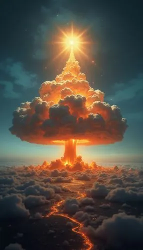 photo of a nuclear mushroom cloud in the Form of a Christmas Tree


,a large tree is overflowing with light while in the middle of the air above,mushroom cloud,volcanic eruption,eruption,sun through t