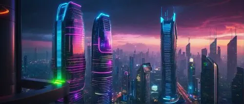 Modern futuristic skyscraper, sleek glass facade, curved lines, metallic accents, vibrant LED lights, rooftop garden, lush greenery, panoramic city view, 3/4 composition, low-angle shot, dramatic ligh