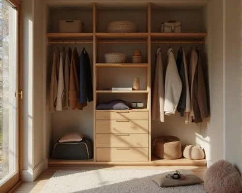  interior design,a modern walk - in closet containing clothes, a door and a bed,walk-in closet,mudroom,storage cabinet,wardrobes,garderobe,closets,Photography,Documentary Photography,Documentary Photo