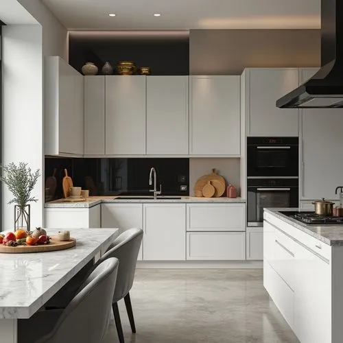 Modern kitchen with sleek white cabinetry and marble countertops. The space features a black accent wall with built-in appliances, including an oven and a stovetop with a hood. A minimalist sink and f