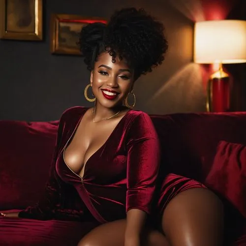voluptuous black woman, beautiful curves, prominent belly, smooth dark skin, afro hair, golden hoop earrings, bright red lipstick, sensual smile, lounging on velvet couch, dimly lit room, warm spotlig