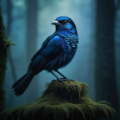 Mystical blue crystal bird, perched, wings spread wide, feathers shimmering iridescent blue, beak sparkling like diamond, eyes radiant with an inner glow, delicate legs, sharp talons, luxurious plumag