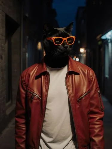 un gato oscuro con lentes de sol naranjados, chaqueta de cuero roja, camiseta blanca, va naminando por un callejón nocturno de ciudad,a cat with sunglasses is standing outside in the street,alley cat,
