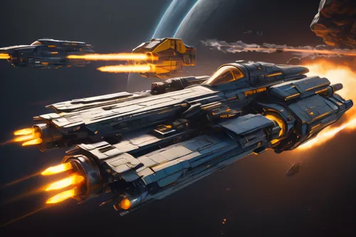 Two spaceships, One spaceship is boxy grey and blue, and one spaceship is conical yellow and grey, futuristic spaceships alone in space, firing laser cannons at eachother, in a space war in the year 2