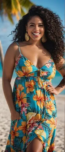 Curvy Puerto Rican woman, 25yo, dark skin, long curly black hair, bright smile, golden hoop earrings, bold eyeliner, luscious eyebrows, full lips, tropical flower tattoo on left shoulder, colorful bea