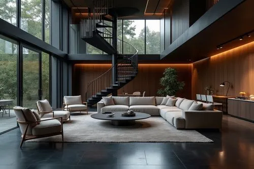Italian Modern interior design in the style of aesthetics, Poliform Furniture style，Premium and Luxury， Exquisite, modern， large windows， The living room is adorned with elegant sofa sets, Large space