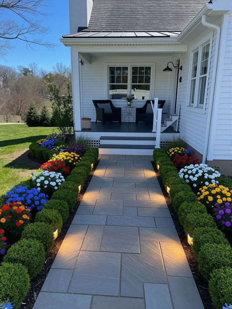 a large garden and walkway in front of a house