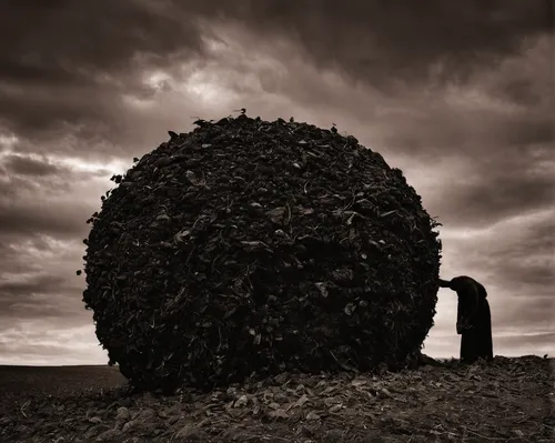 A piece of fine art art photography titled Earth's Sorrow 2 by final toto,threshing,round bales,threshed,uprooted,hay barrel,haystack,round straw bales,needle in a haystack,bales of hay,straw bales,pi