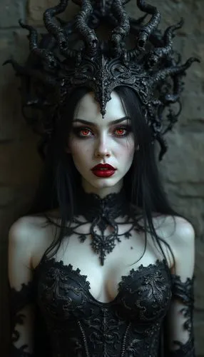A dark, vampiric naked ,queen with pale, almost ghostly white skin, staring intensely with piercing red eyes. Her lips are deep crimson, smeared slightly as if freshly fed, enhancing her eerie and sed
