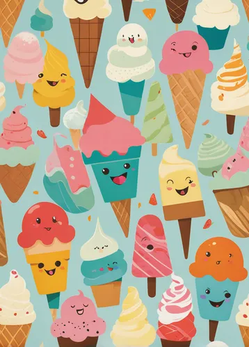 Draw a group of charming cartoon ice cream characters enjoying a sunny day.,ice cream icons,ice cream cones,ice creams,kawaii ice cream,soft serve ice creams,ice cream cone,icecream,ice cream,ice-crea