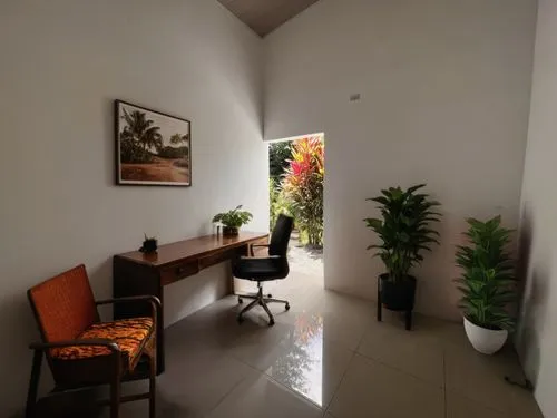 furniture for a small tropical full-of-plants office  ,a room with a desk, chair and picture hanging,home interior,hallway space,consulting room,home corner,shared apartment,treatment room