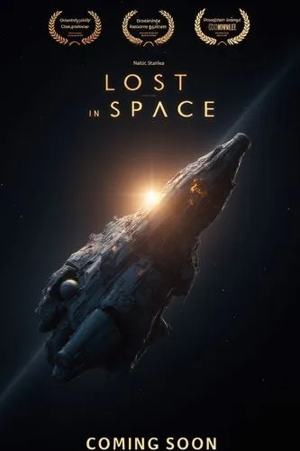 Poster for the inspirational film "Lost in Space." The poster features a cinematic view of pitch-black space with hints of distant stars dotting the dark surroundings, with a majestic, intricately des