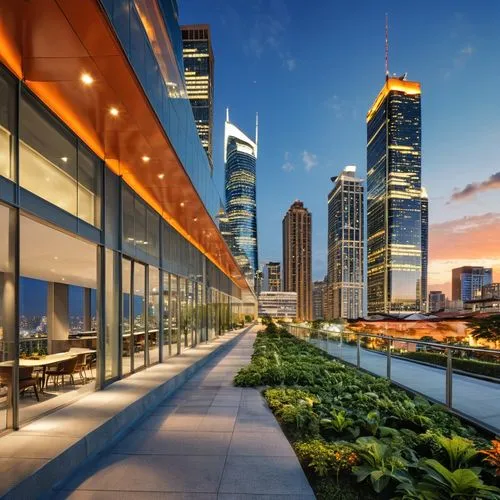 from behind, the bustling city streets of the modern city are painted in vibrant hues of orange, yellow, and brown. The street is lit by the soft glow of city lights, and a sleek, modern glass curtain