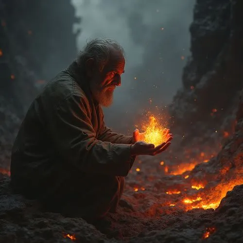 a man who holds the lives of others in his hands . power and thinking . the old one .,a person kneeling down and holding out a burning object,fire artist,fire making,volcanologist,fire master,blacksmi
