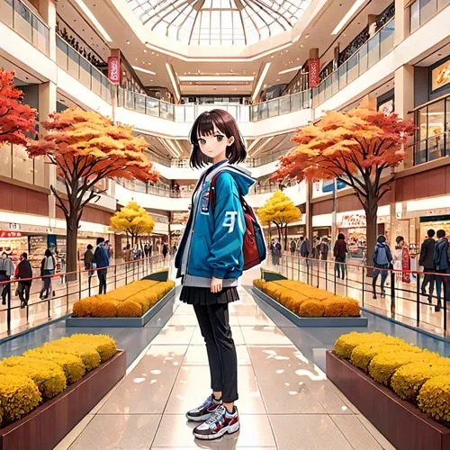 japanese style, manga, realistic,colors,autum,shopping mall,a woman wearing a backpack looking at the ground while inside an indoor shopping area,malls,anime japanese clothing,shopping mall,mall,onits