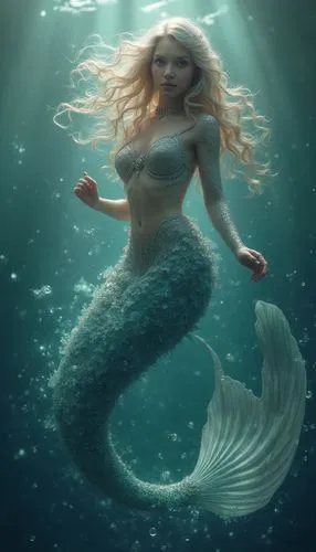 Insanely detailed illustration of a full body majestic mesmerizing mermaid, bubbles flowing around her, flowing perfect mermaid tail, shimmering, ethereal, intricate and hyperdetailed, fantasy concept