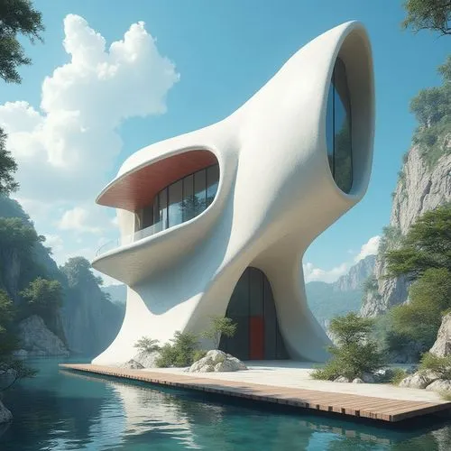 A detailed 3D render, an ethereal masterpiece of architectural marvel: An intricate white house with a red and white roof rises above a wooden platform. The blue sky, flanked by fluffy clouds, complem