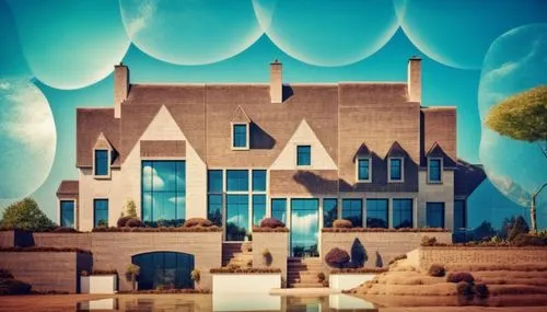 glass bricks tiles garden sunlight blue sky landscape people lake,a 3d picture of a house with balloons floating,cube house,mirror house,cubic house,fairy tale castle,house of the sea,dunes house,mans