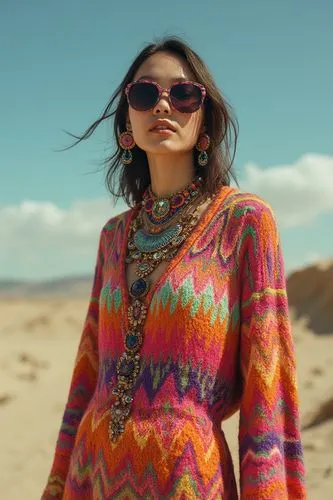 Fashion Model,a woman wearing sunglasses, a colorful sweater, and a scarf,southwestern,girl on the dune,missoni,pendleton,kaftans,dashiki,Photography,Documentary Photography,Documentary Photography 01