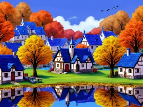 Autumn Village Digital Art,the fall scenery shows small houses with trees in the background,houses clipart,cartoon video game background,autumn background,aurora village,autumn landscape,toonerville
