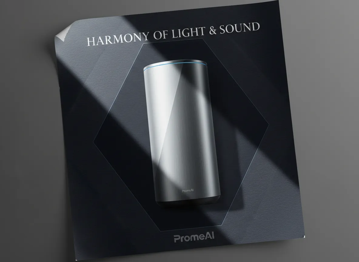 Eine Nahaufnahme eines Plakats, das mit PromeAI die perfekte Balance von Licht- und Schattenkomposition zur Hervorhebung eines Produkts zeigt.