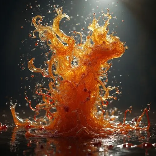 hyperrealistic 
a beautiful, kind, charming, sociable, atmospheric photos, exotic,  8k, Hyper detailed
,a picture of water, yellow and orange liquid that is falling in to the ground,splash photography