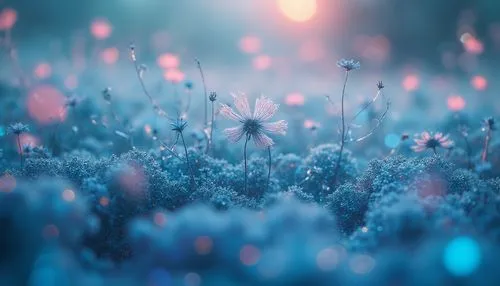 Meadow inspirations, high-tech fabric designs, futuristic patterns, soft glow, iridescent colors, shimmering effects, delicate wildflowers, gentle swaying grass, morning dew drops, subtle texture, int