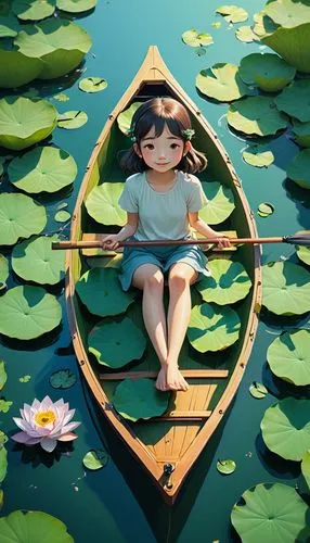 Illustration, a girl surrounded by lotus leaves in the pond, outdoor on a sunny summer day, low angle close-up of a happy girl sitting in a small boat under the lotus leaves to cool off, Ghibli dreamy