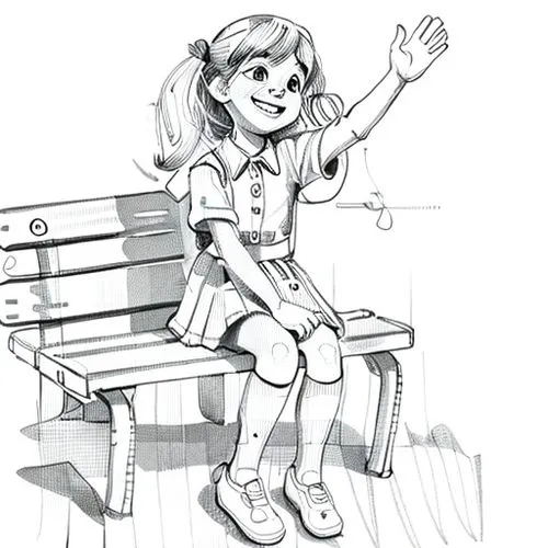 cute smiling little girl in a school uniform sitting on a park bench waving. pixar style,girl sitting,coloring pages kids,kids illustration,girl drawing,coloring page,coloring pages,child in park,girl