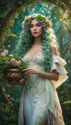 Gaia, goddess of nature, standing in a lush forest, gentle facial expression, long curly green hair adorned with flowers, earthy tone skin, delicate features, flowing white gown with leaf patterns, ba