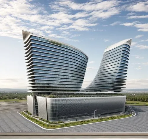 aerial view,distant shot,office building mid rise,commercial building complex,Curved style,Futuristic style,norman foster style,,modern facade,vertical frame,streets,plaza,commercial atmosphere,sidewa
