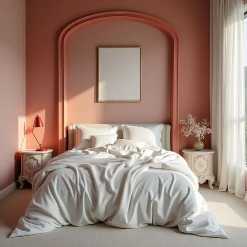 elegant bed linen,simple,white and red,the interior of an elegant bedroom painted in coral pink and white,bedroom,bedchamber,soft pink,bedrooms,bed,dusky pink,headboard,daybed,light pink,bedspreads,be