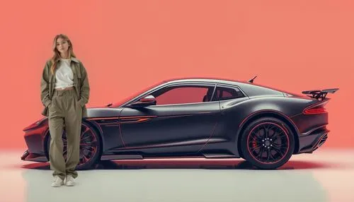 woman standing next to sports car in a pink and orange background,girl and car,porsche,car model,infiniti,berlinetta,korvette,signatura,amg,nsx,tvr,mercedes benz sls,mercedes benz,mercedes,lamborghini