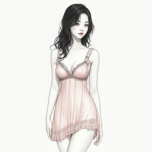 an image of a women's lingerie in pink,nightgown,nightdress,dress doll,drawing mannequin,sleepwear,nightwear,fashion sketch,necklines,neckline,nightie,the girl in nightie,female doll,undergarment,doll