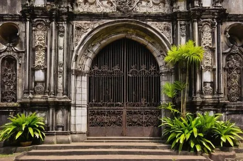 Intramuros historic walled city, Manila Cathedral, Baroque-style, ornate stone carvings, stained glass windows, grand entrance, intricate details, worn-out walls, rusty iron gates, tropical plants sur