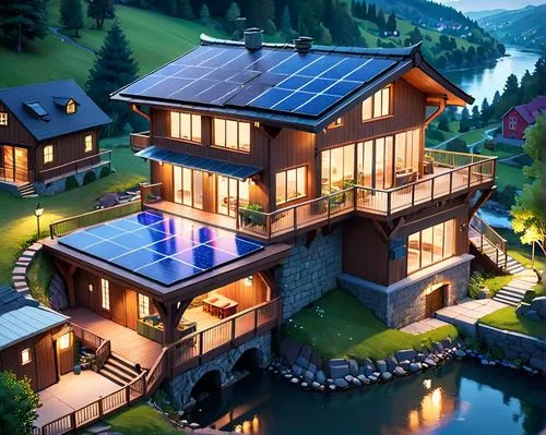 bright cottage in a hill, ground floor garage with a transparent door, behind it you can see a helicopter, the two upper floors are made of wood, the sloping roof is covered with solar panels, a river