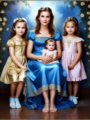 Daughters with their barefoot mother in the center of the picture.,four little girls posing for a po while wearing dresses,holy family,little angels,the mother and children,countesses,godchildren,moth