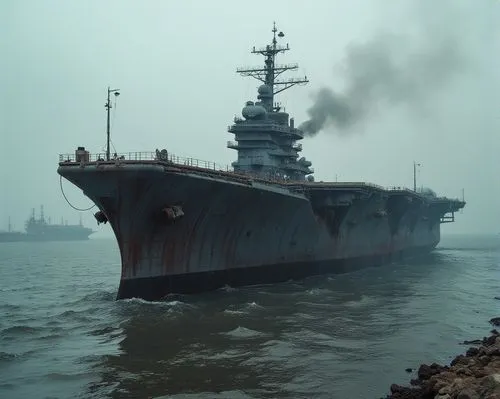 一艘正在充滿油汙,雜亂的軍港等待拆卸的航空母艦,a large military ship is in the water,shipbreaking,liaoning,uss carl vinson,severomorsk,aircraft carrier,shipbreakers