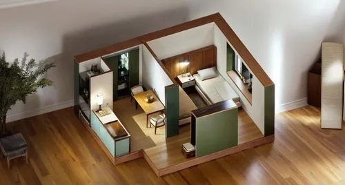 Bedroom and kitchen interior in modern European style. The furniture is made of dark lacquered wood, the bedspreads are made of dark green emerald fabric. The walls are light, a lot of light comes in 