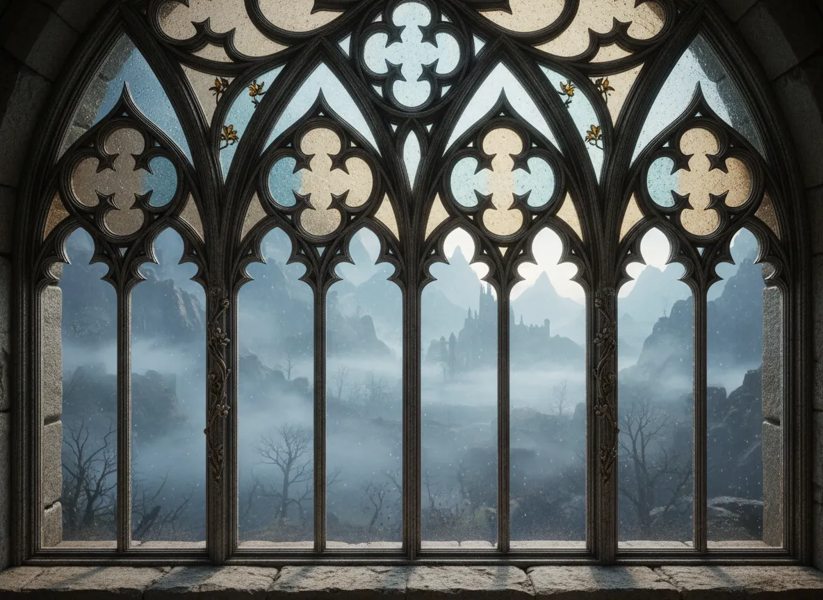 Un'immagine ravvicinata, renderizzata dall'AI, di un'elaborata finestra ad arco a sesto acuto che si affaccia su un paesaggio nebbioso, mostrando il dettaglio che PromeAI può raggiungere.