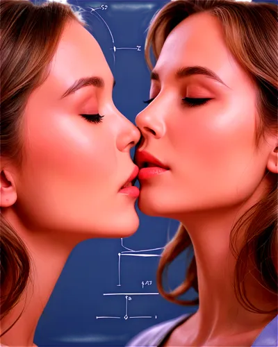 Close-up, romantic kiss, gentle lips, soft facial expression, closed eyes, delicate eyebrows, natural makeup, flowing hair, tender skin tone, warm lighting, shallow depth of field, 1/2 composition, ci