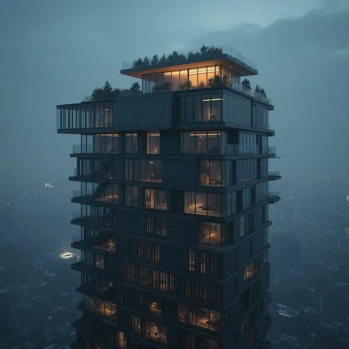 Modern skyscraper, watching tower, dark gray stone walls, sleek metal frames, floor-to-ceiling glass windows, intricate LED lighting, rooftop garden, luxurious penthouse, urban cityscape, foggy night 