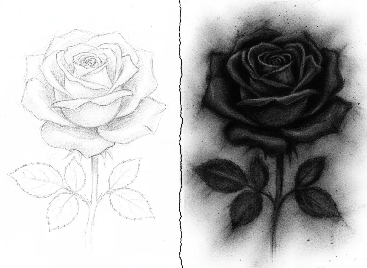 Un'immagine a schermo diviso che mostra lo stesso fiore, da un lato uno Schizzo a Carboncino leggero e delicato e dall'altro una versione scura e molto sfumata.